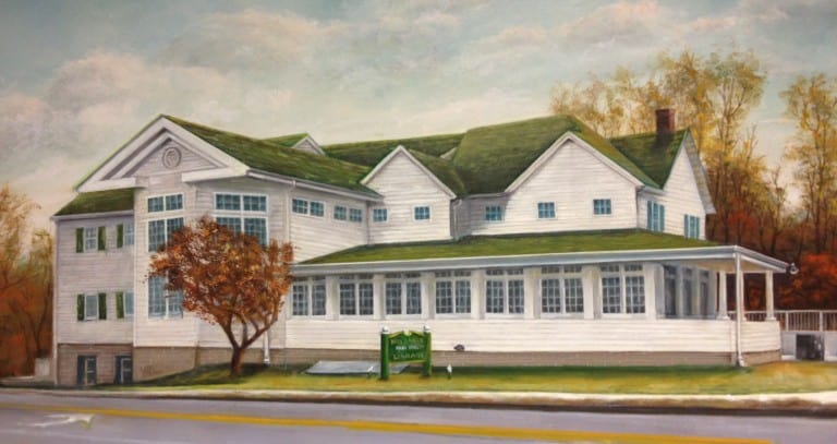 An oil painting of the front facade of the Hillsdale Library.