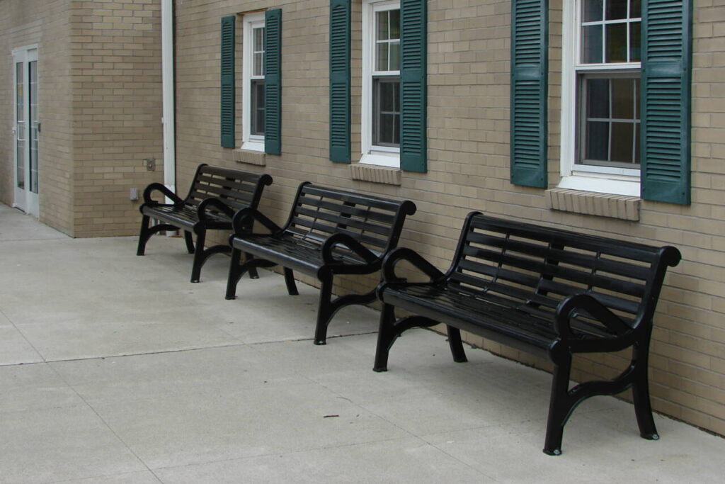 Benches donated by the Friends of the Hillsdale Free Public Library at the library's front entrance