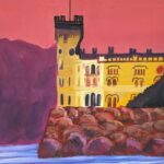 Painting of a yellow castle.