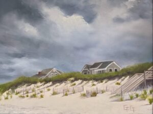 An oil painting of a beach house atop a sandy dune under a threatening grey sky.