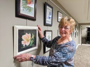 Artist Lois Fonde in the Hillsdale Free Public Library's Meeting Room Gallery