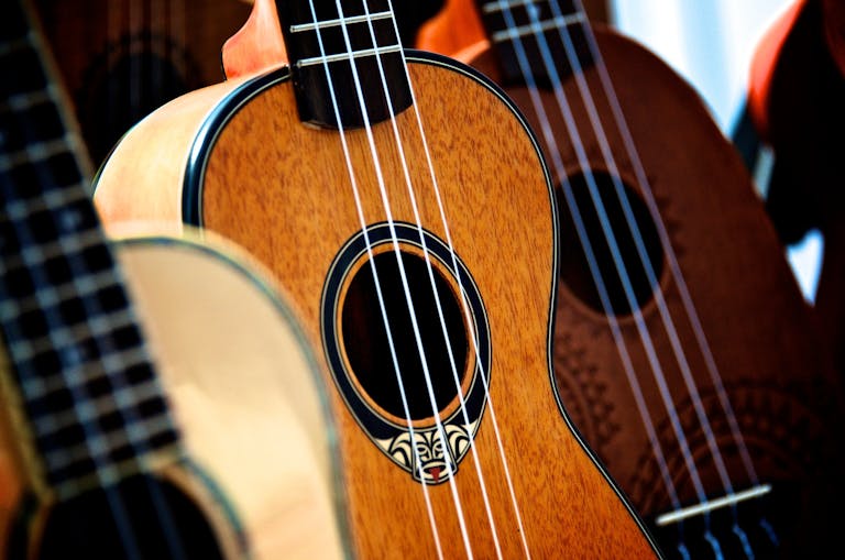 Detailed view of classic acoustic guitars and ukuleles showcasing wooden textures and design.