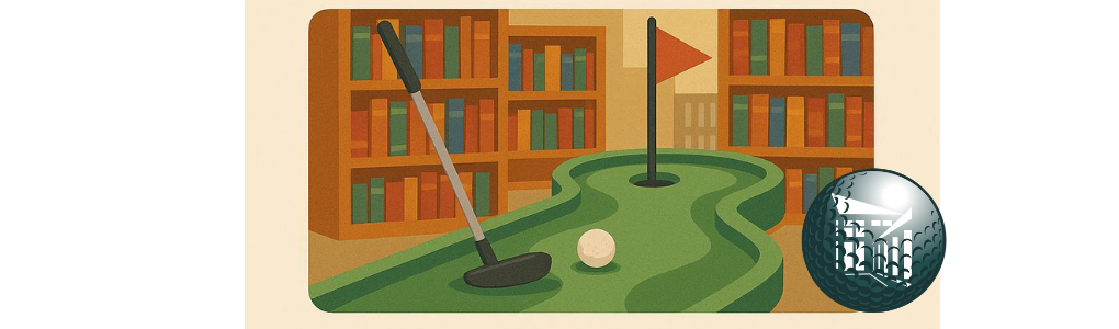 a putting green set inside a library.