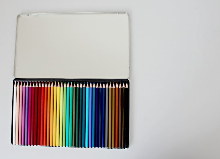 Flat lay of an open metal case with vibrant colored pencils arranged neatly on a white surface.