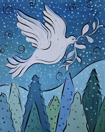 Painting of dove flying over trees