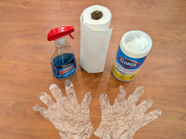 Gloves and cleaning products and wipes.