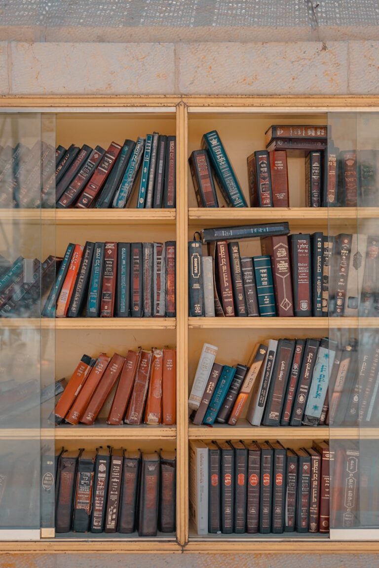 assorted title of books inside brown wooden framed glass wall mount cabinet