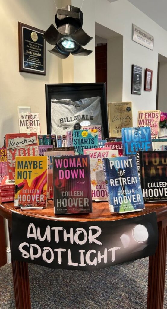Author spotlight table at the Hillsdale Free Public Library with Colleen Hoover books