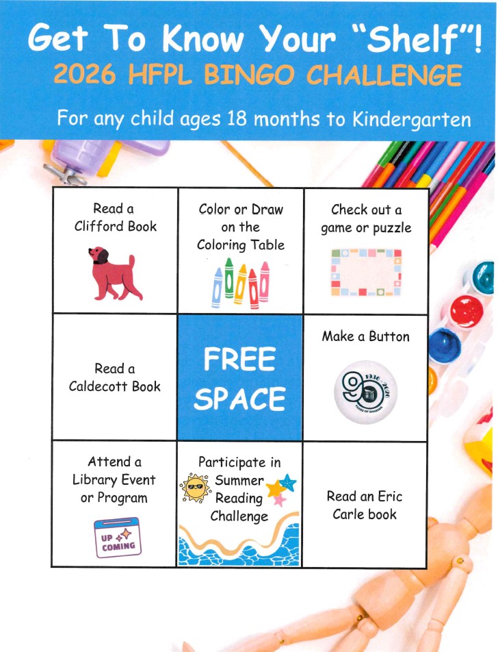 Hillsdale Free Public Library 2026 Reading Challenge Bingo! Board for children 18 months to Kindergarten