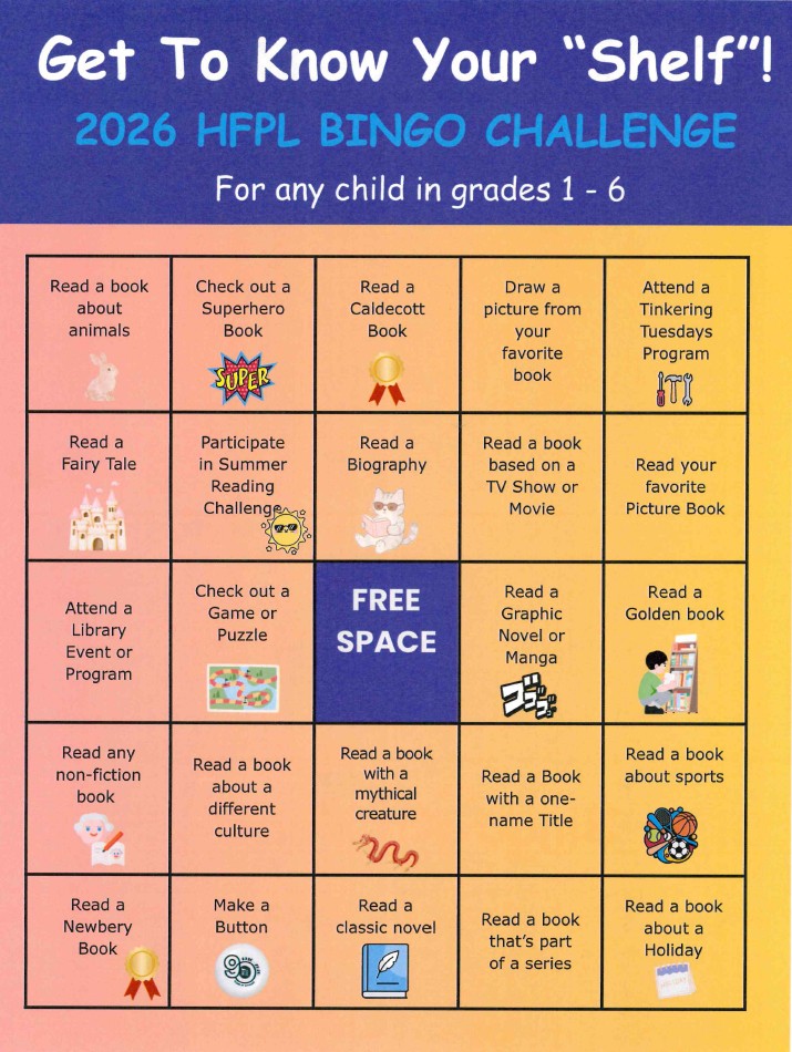 Hillsdale Free Public Library 2026 Reading Challenge Bingo! Board for children in grades 1 to 6