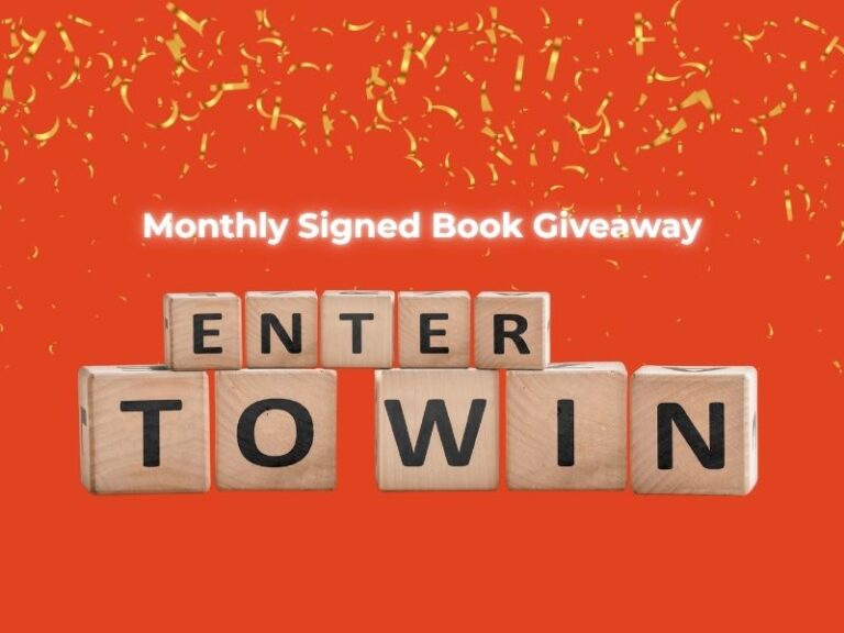 Wooden block letters that spell out Enter to Win for the library's monthly book giveaway
