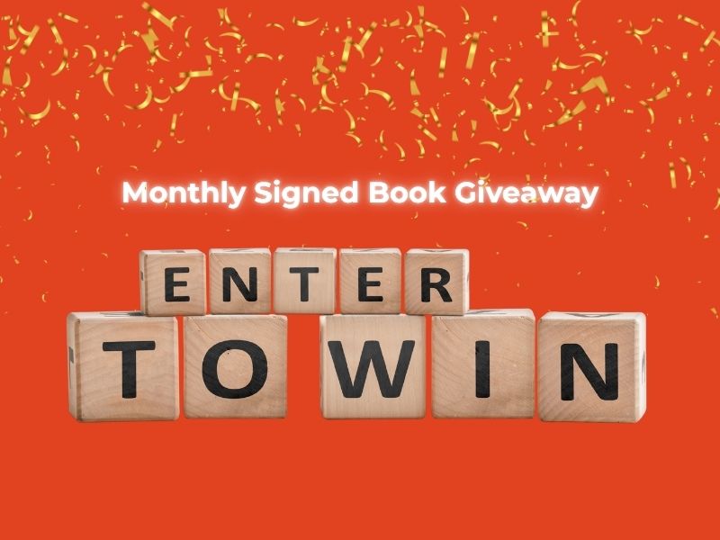 Wooden block letters that spell out Enter to Win for the library's monthly book giveaway