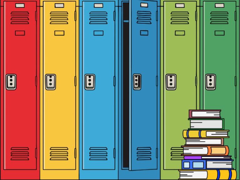 Colorful school lockers with a stack of books on floor