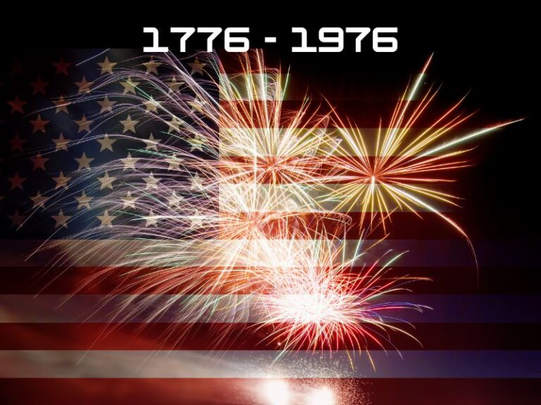 Fireworks on the American Flag in celebration of the bicentennial in 1976