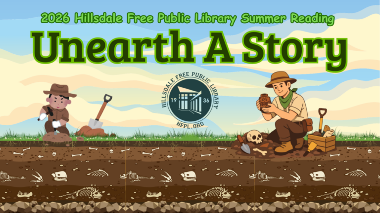 Adult and child archeologists digging to Unearth a Story, theme of the Hillsdale Library's 2026 summer reading program