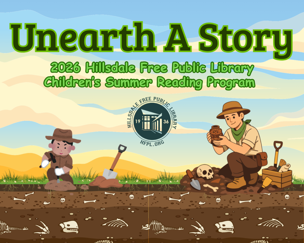 Adult and child archeologists digging to Unearth a Story, theme of the Hillsdale Library's 2026 summer reading program