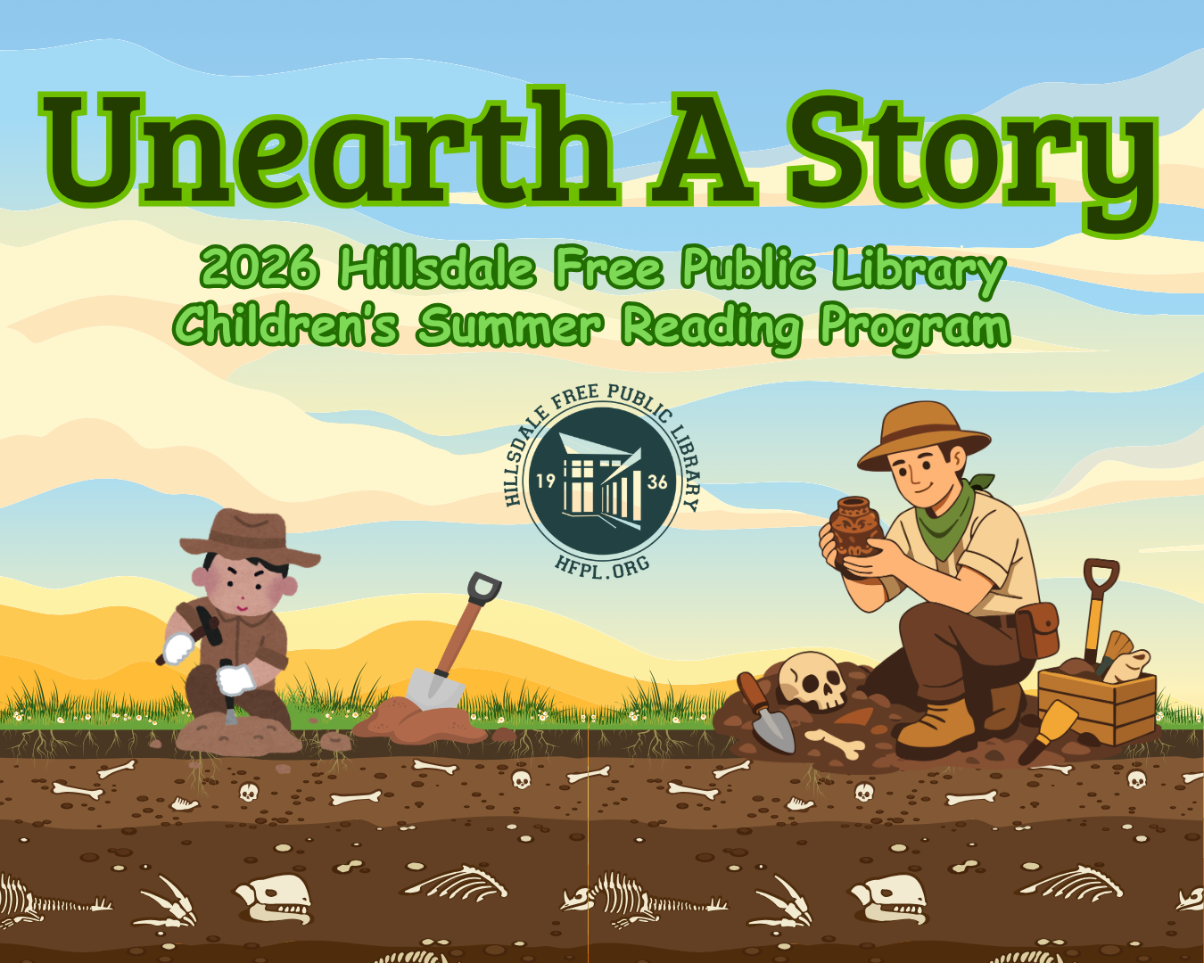 Adult and child archaeologists digging in the ground to unearth a story for a summer reading program.