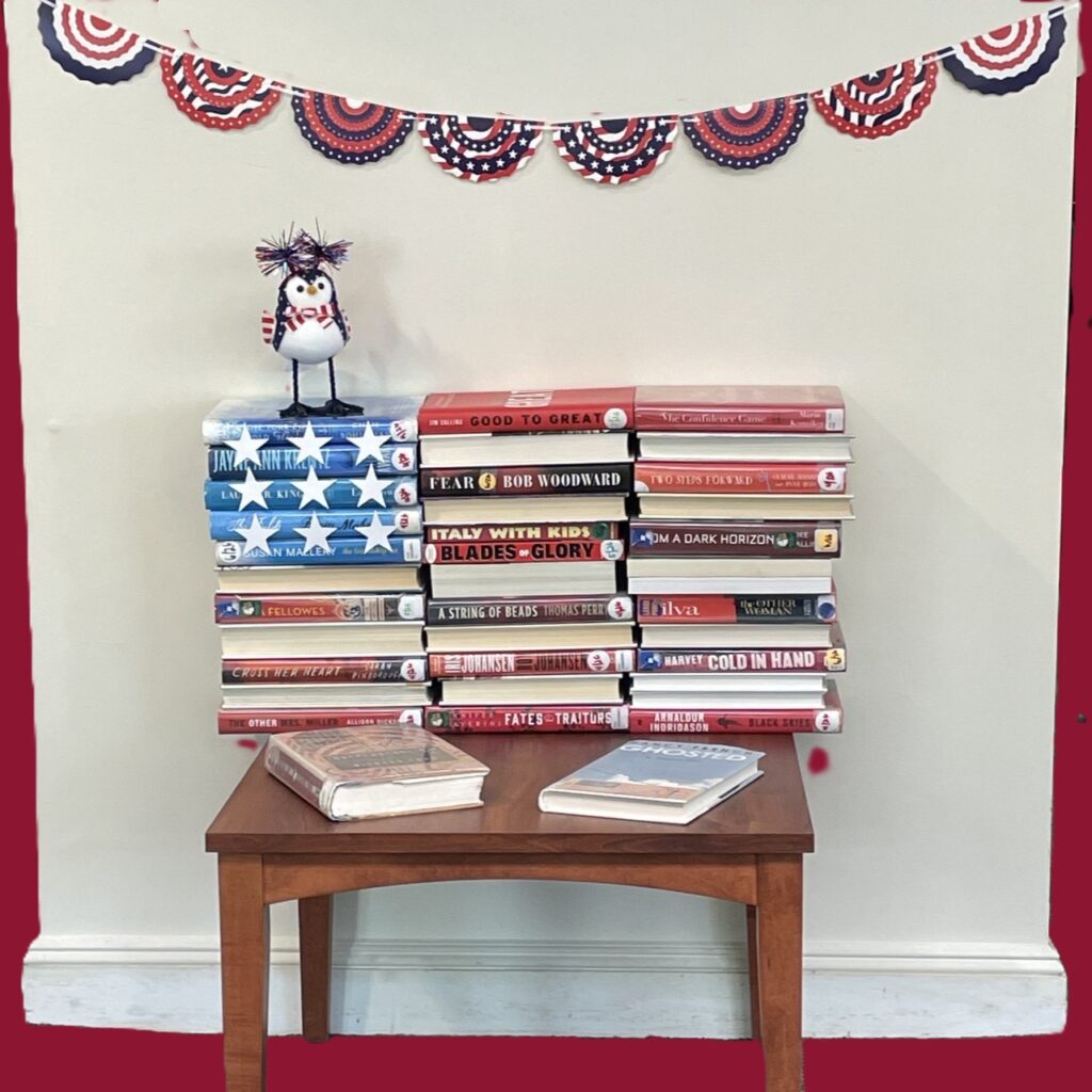 American flag created from stacked used books