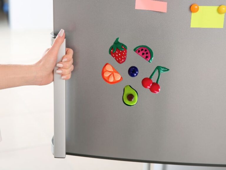Hand opening a refrigerator door with magnets