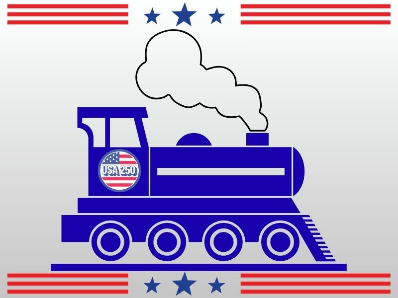 Locomotive announcing USA 250 Anniversary train display at the HFPL